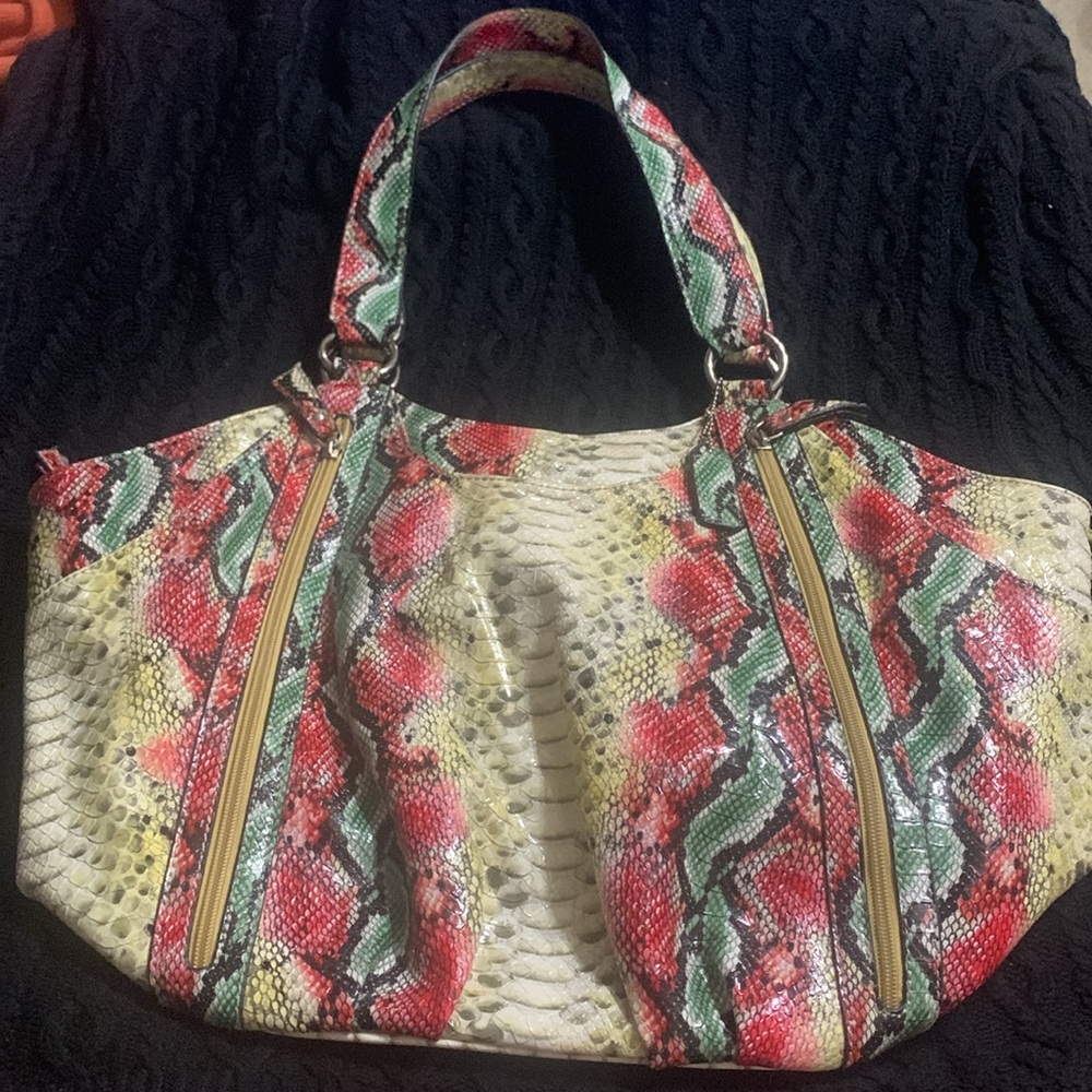 B Brentano Snakeskin Print Pink, Green, Red, yellow, black handbag / purse